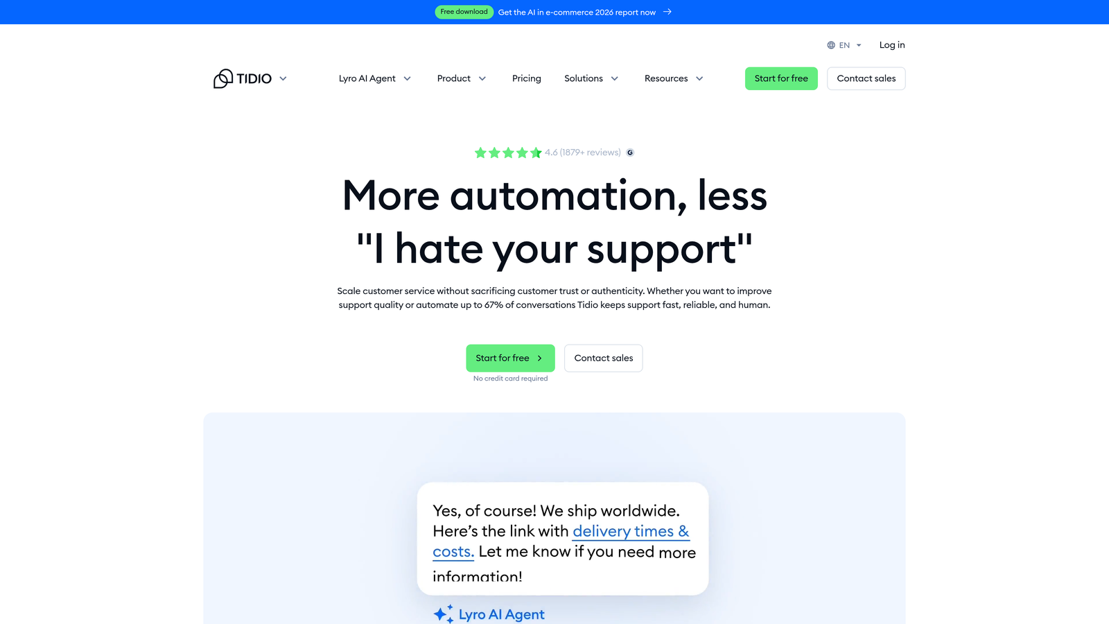 Screenshot of Tidio website