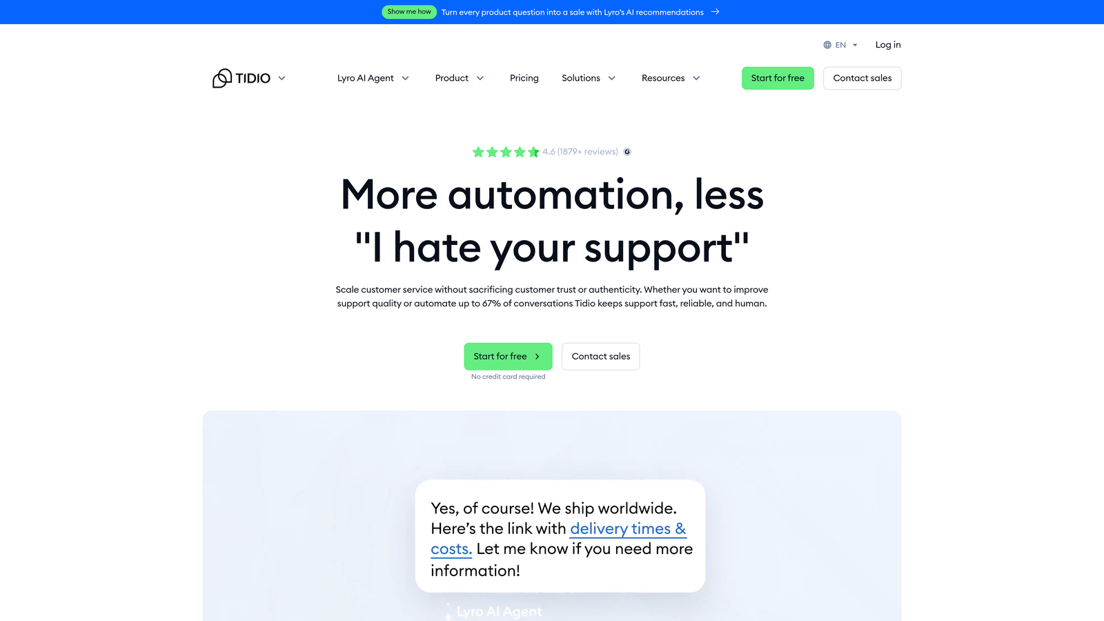Screenshot of Tidio website