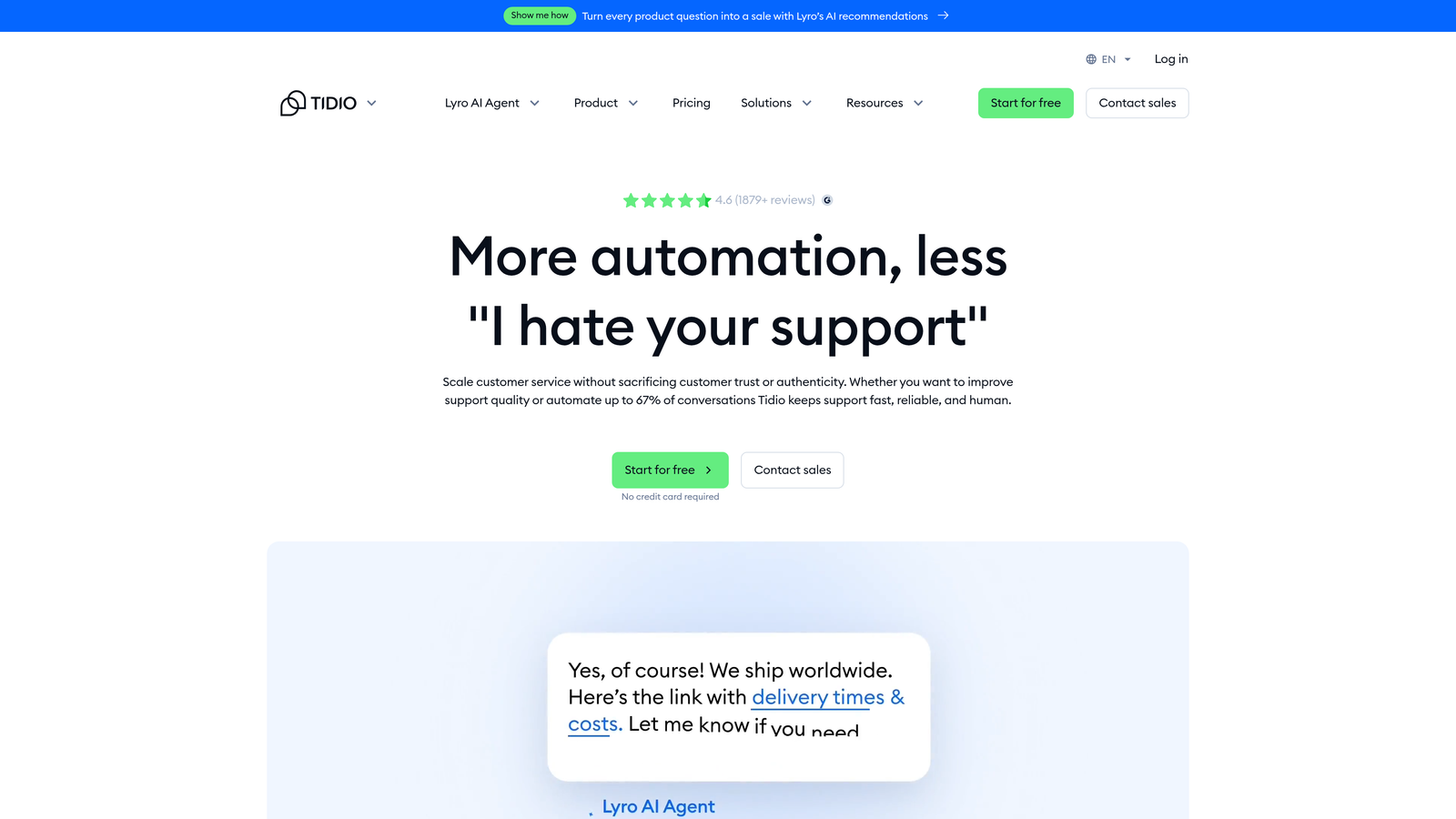 Screenshot of Tidio website