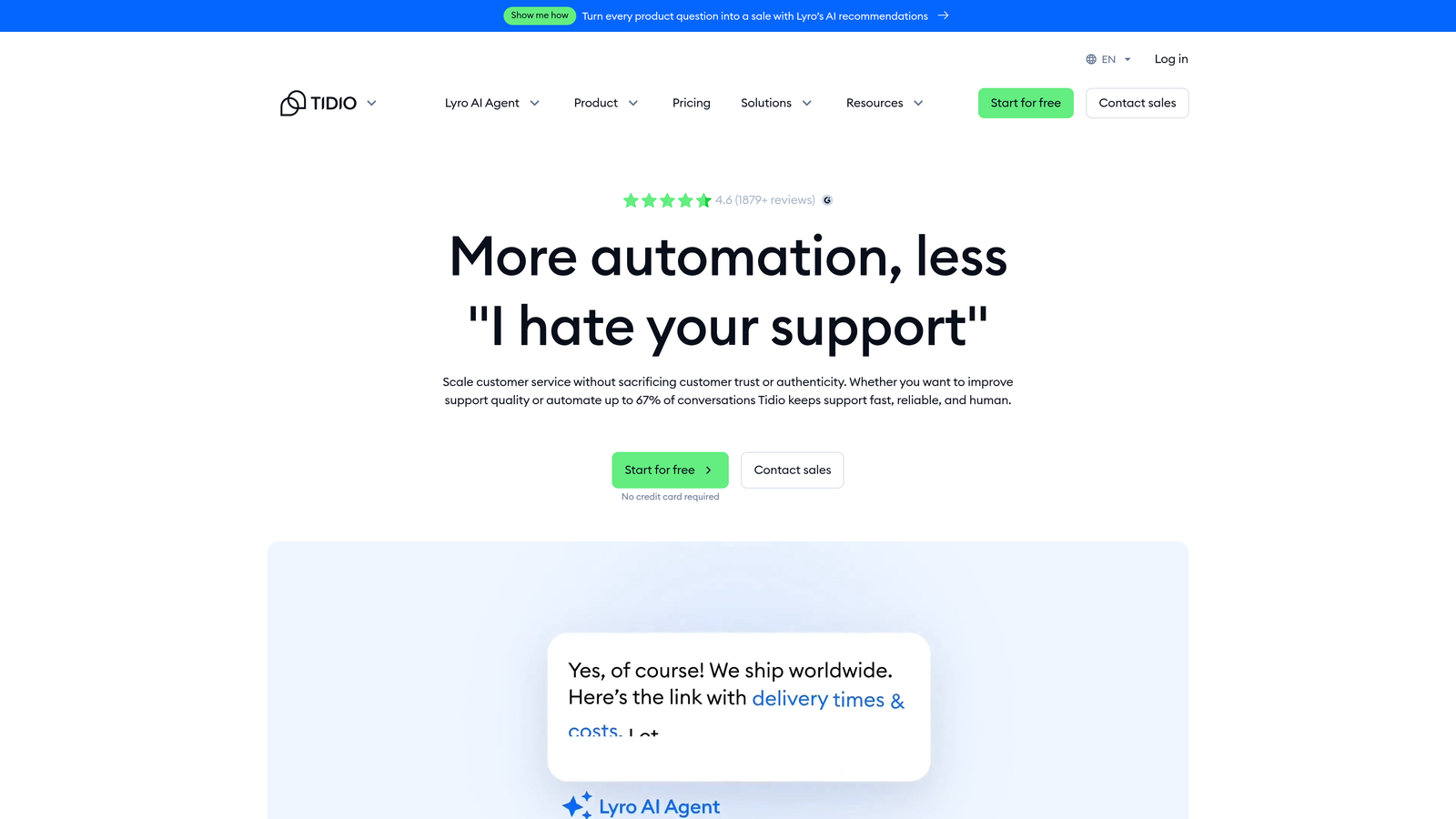 Screenshot of Tidio website