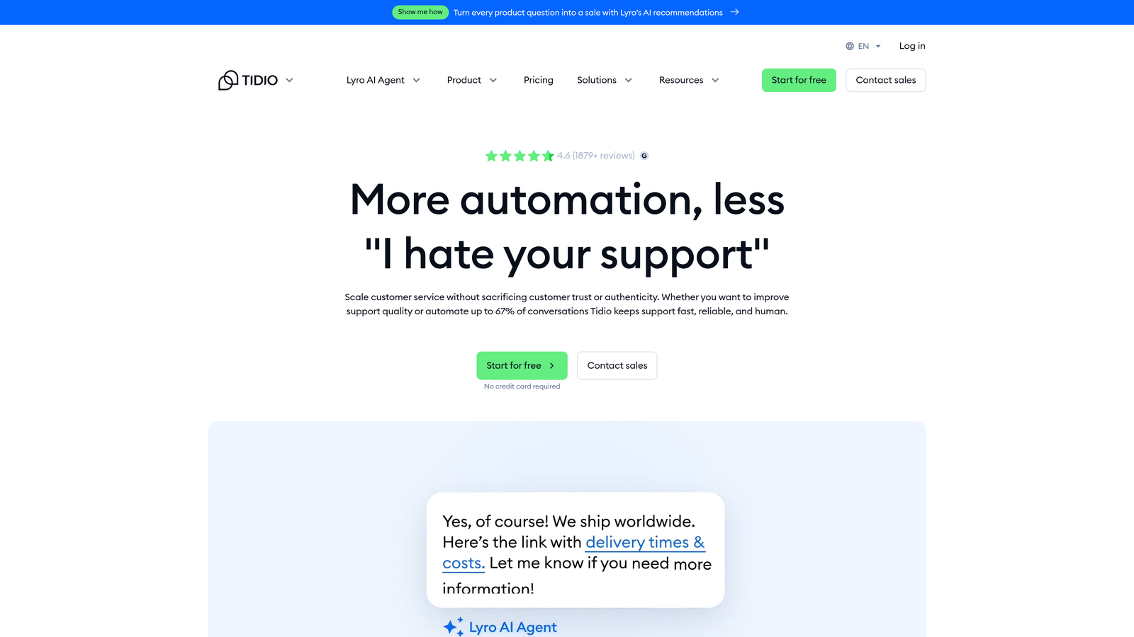 Screenshot of Tidio website