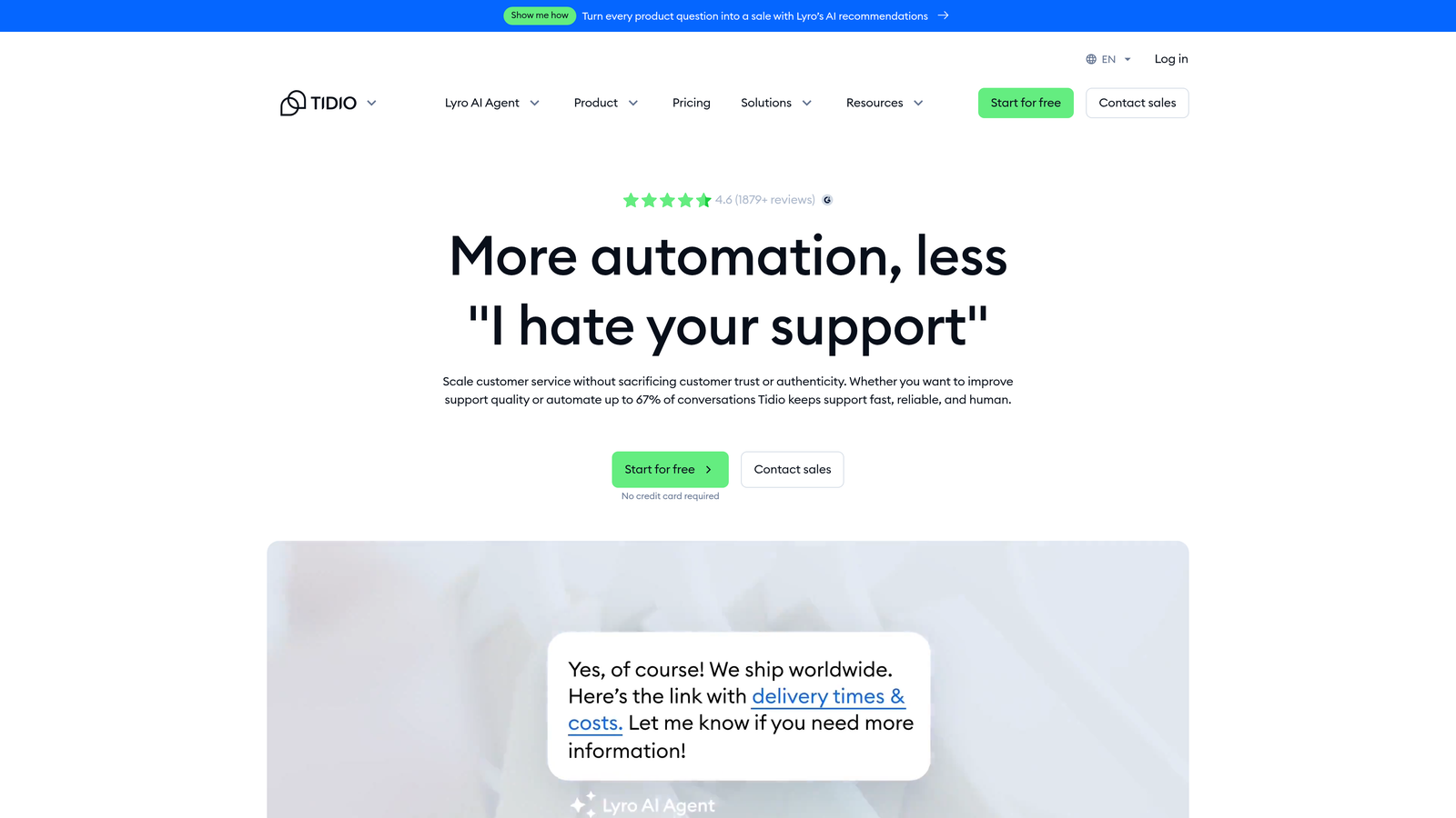 Screenshot of Tidio website