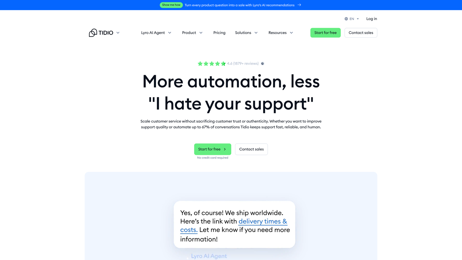 Screenshot of Tidio website