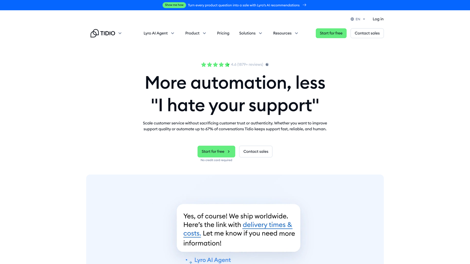 Screenshot of Tidio website