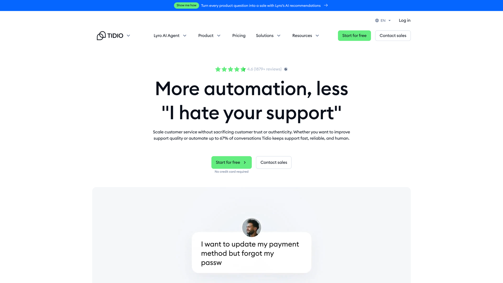 Screenshot of Tidio website