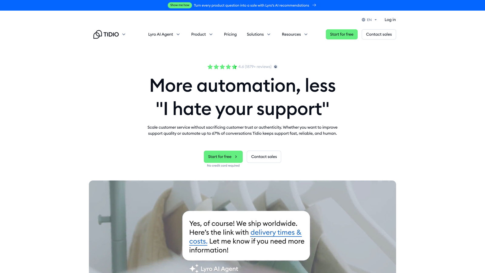 Screenshot of Tidio website