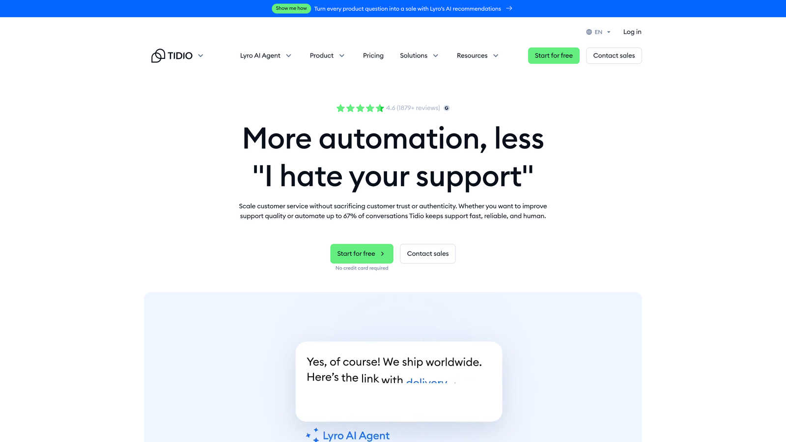 Screenshot of Tidio website