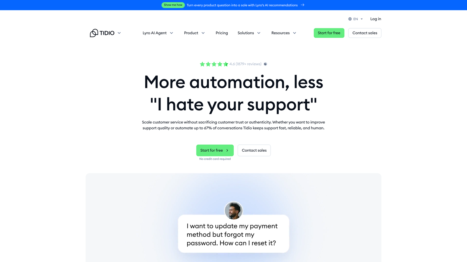 Screenshot of Tidio website