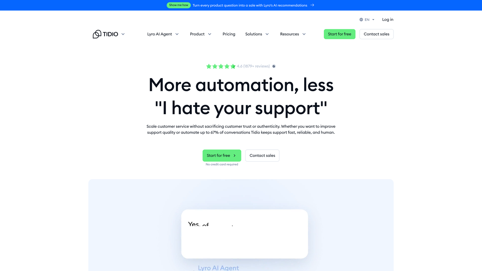 Screenshot of Tidio website