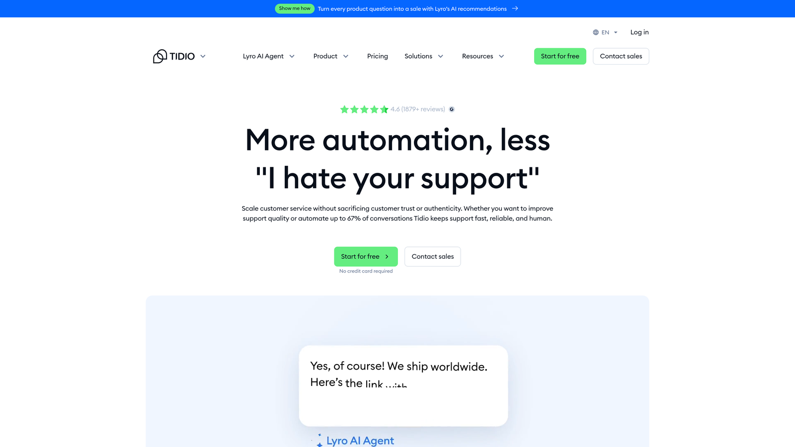 Screenshot of Tidio website