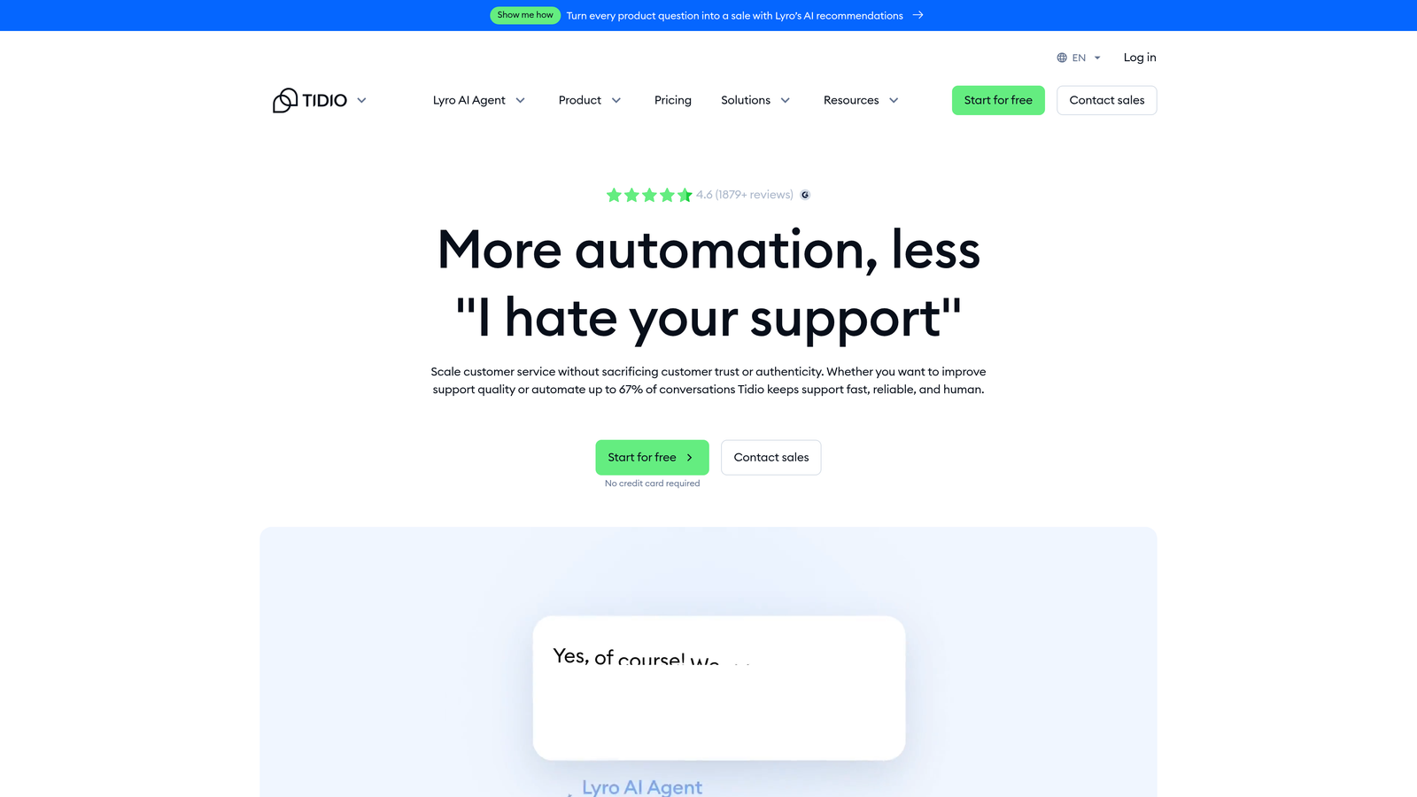 Screenshot of Tidio website