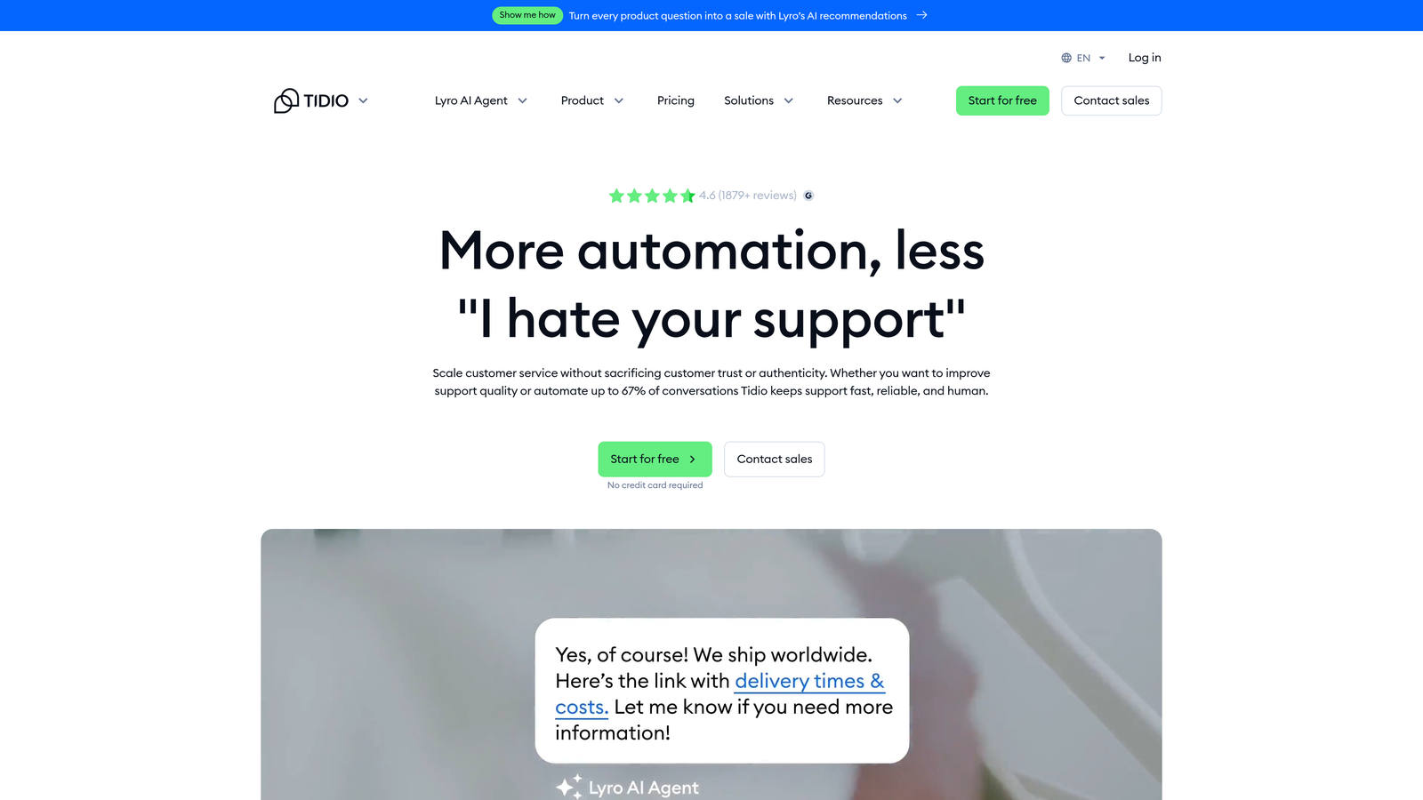 Screenshot of Tidio website