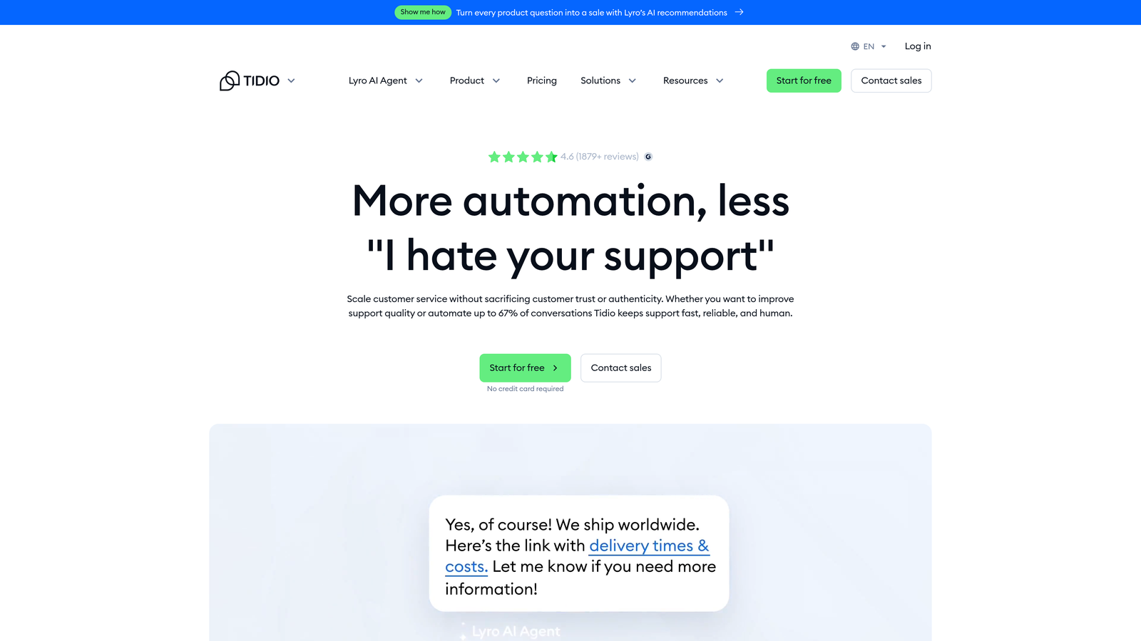 Screenshot of Tidio website