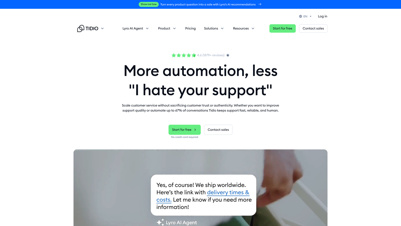 Screenshot of Tidio website