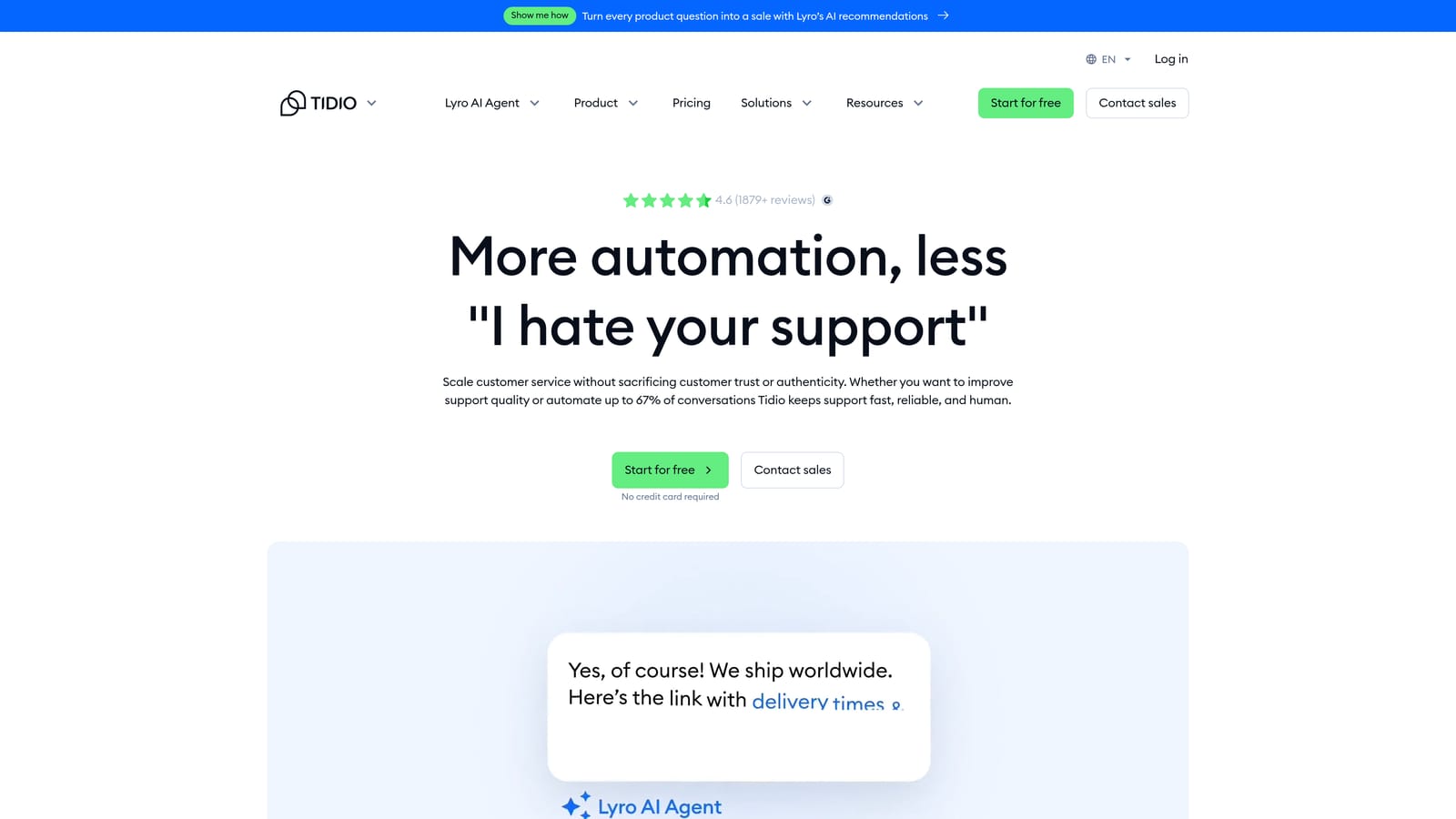 Screenshot of Tidio website