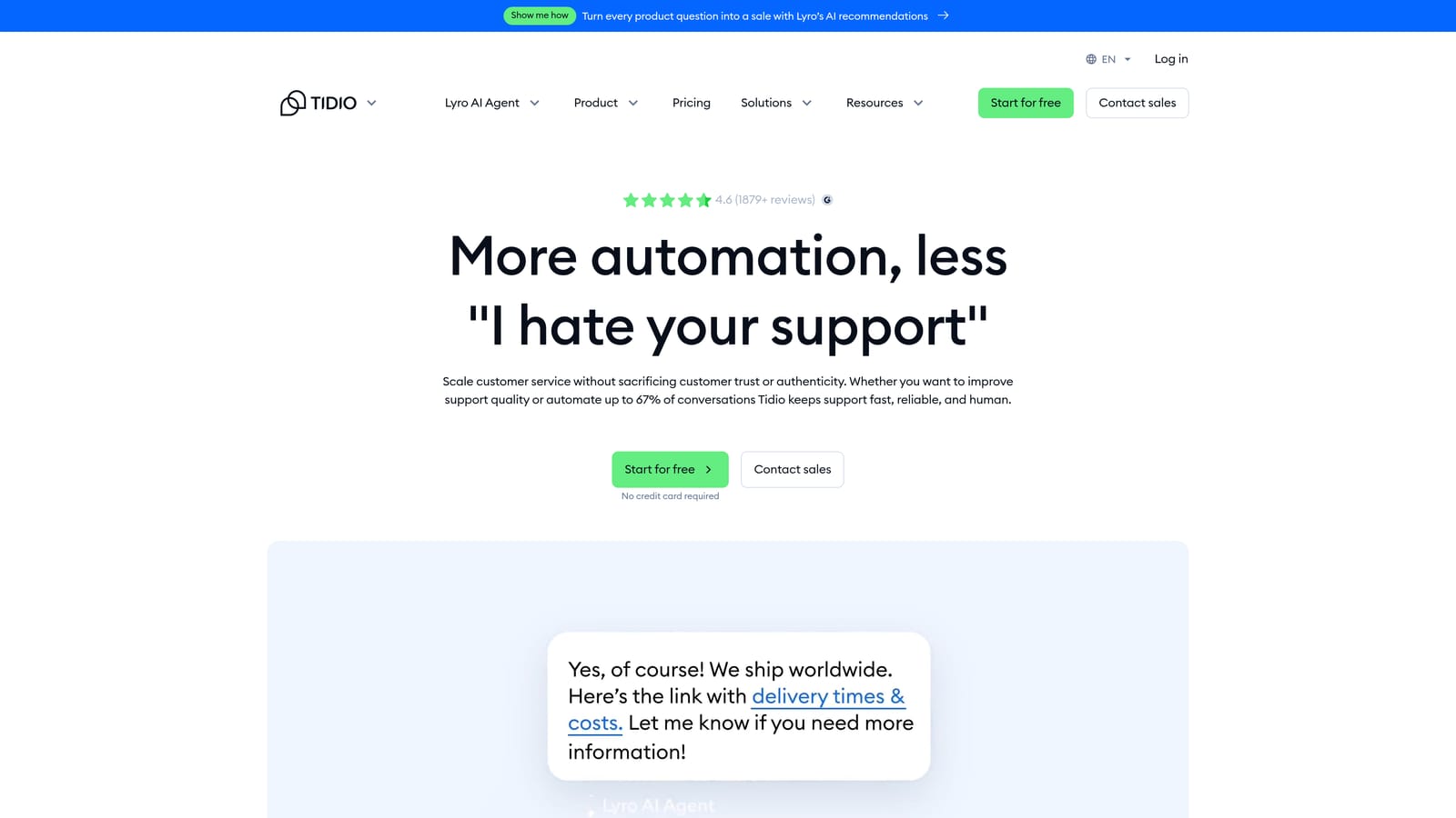 Screenshot of Tidio website