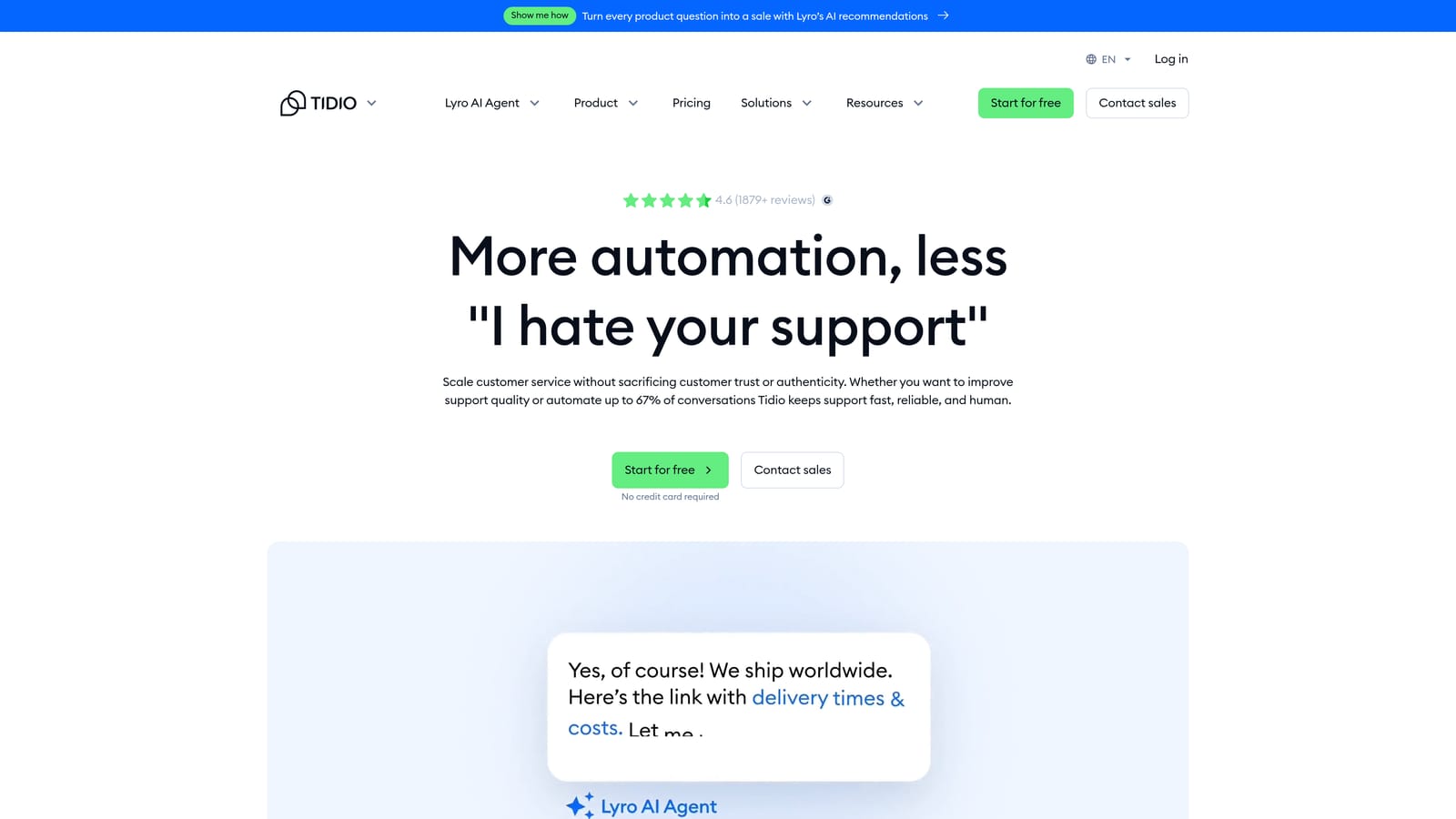 Screenshot of Tidio website