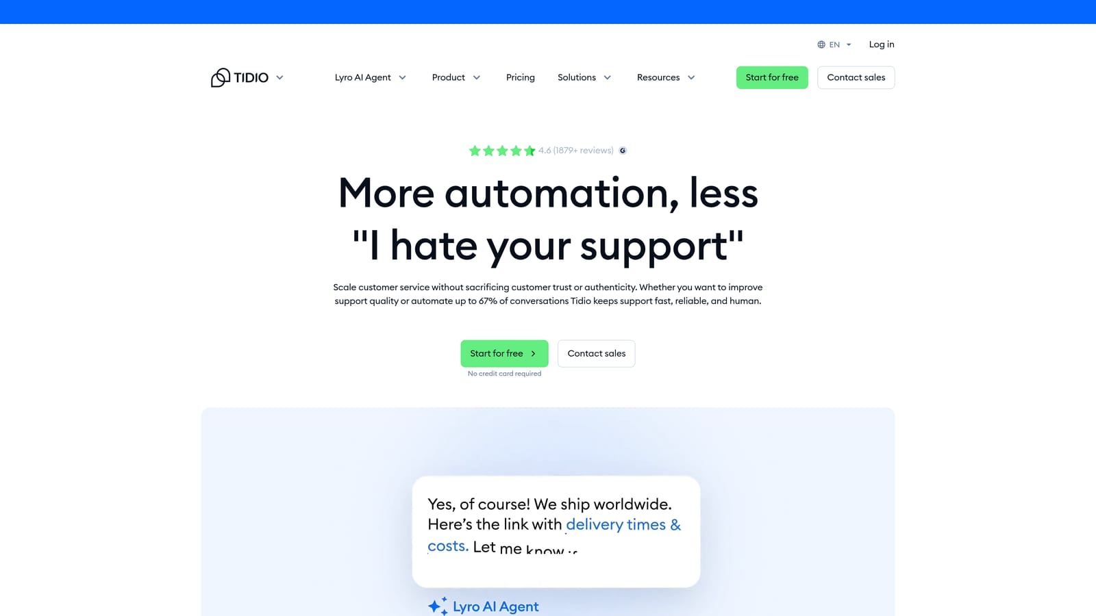 Screenshot of Tidio website