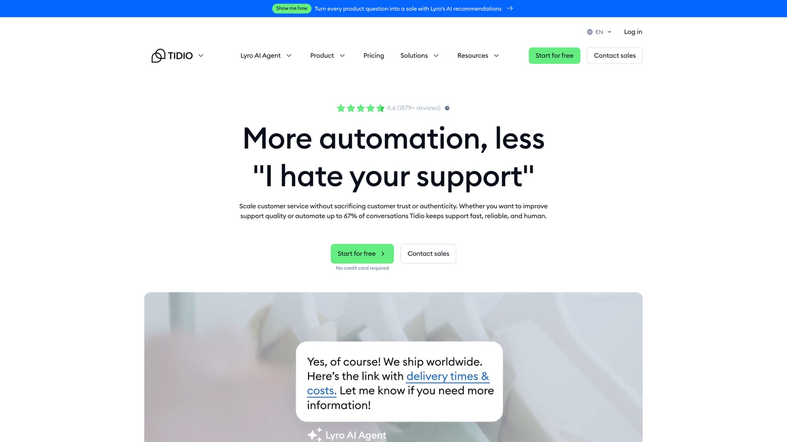Screenshot of Tidio website