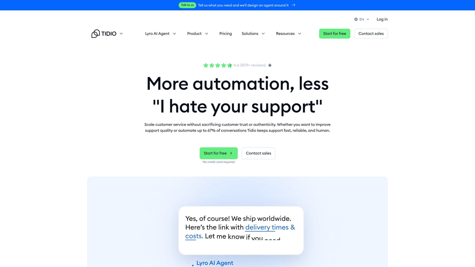 Screenshot of Tidio website