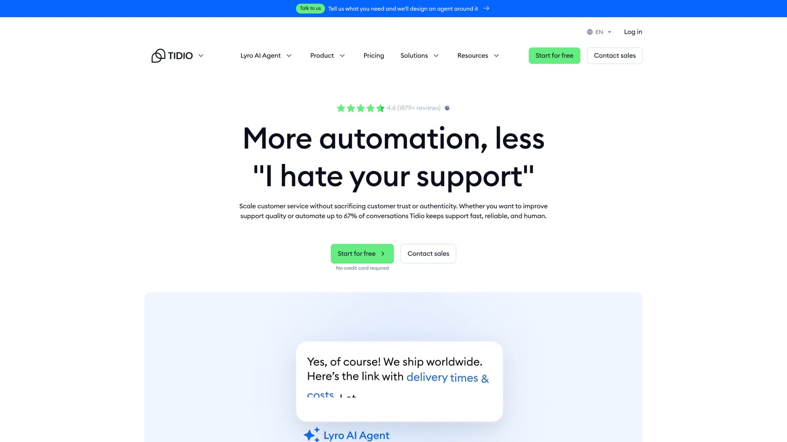 Screenshot of Tidio website