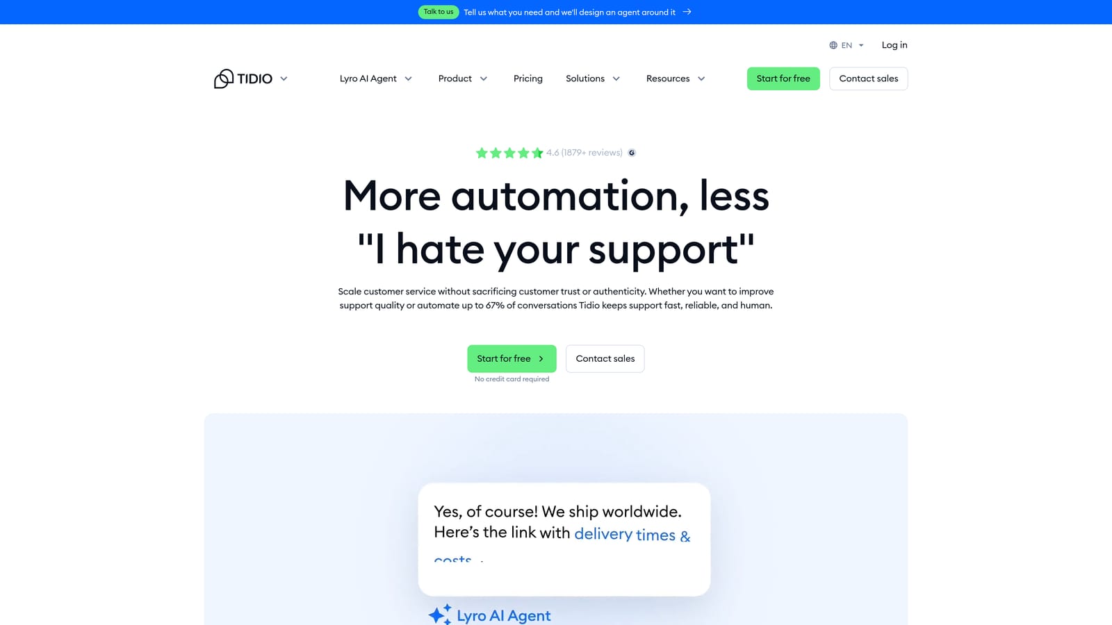Screenshot of Tidio website