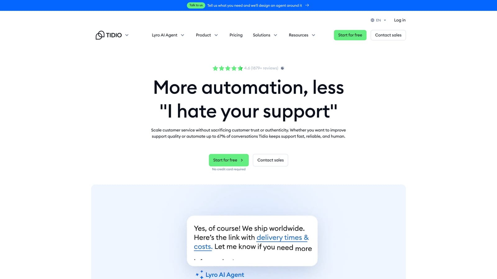 Screenshot of Tidio website