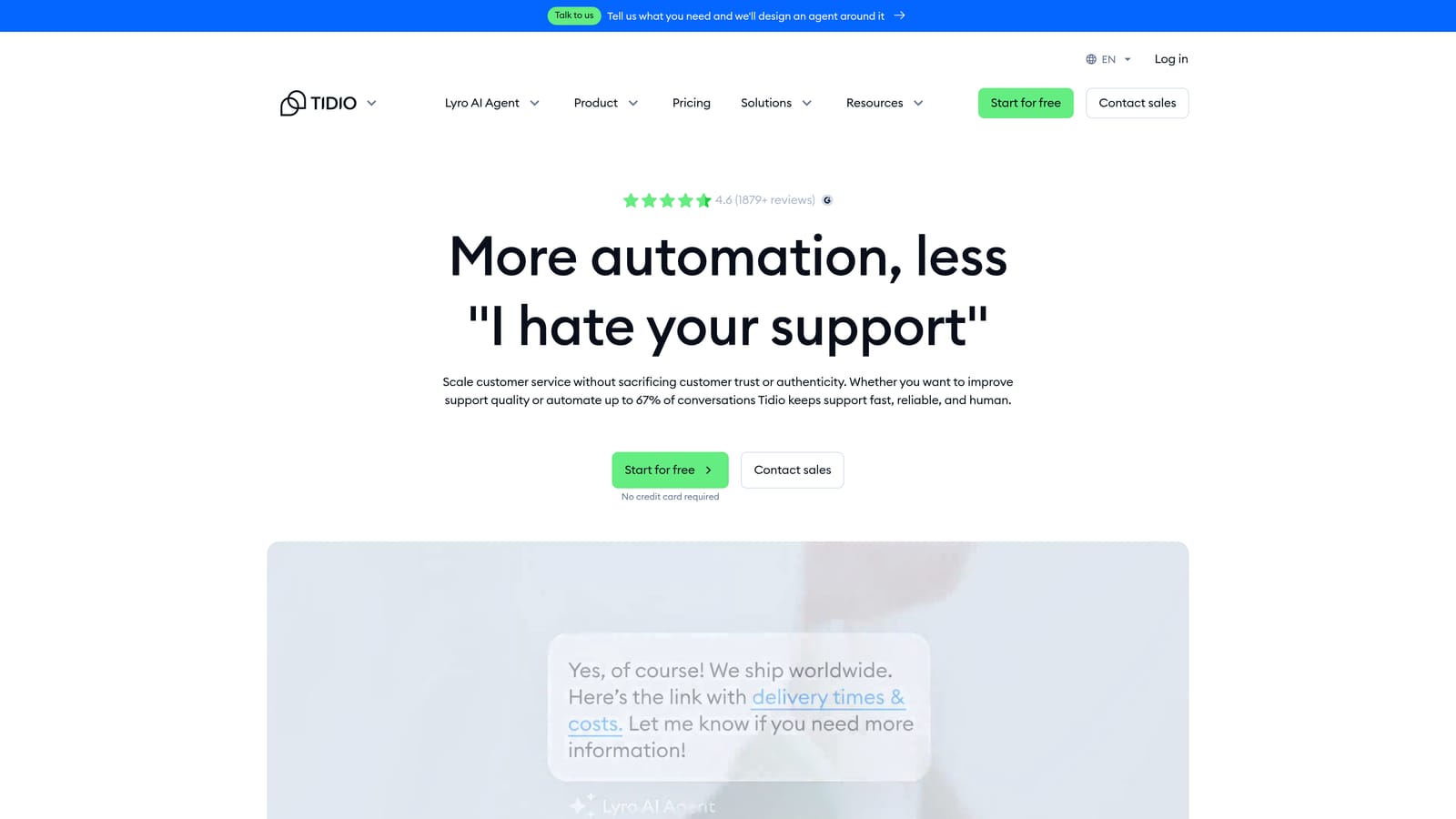 Screenshot of Tidio website