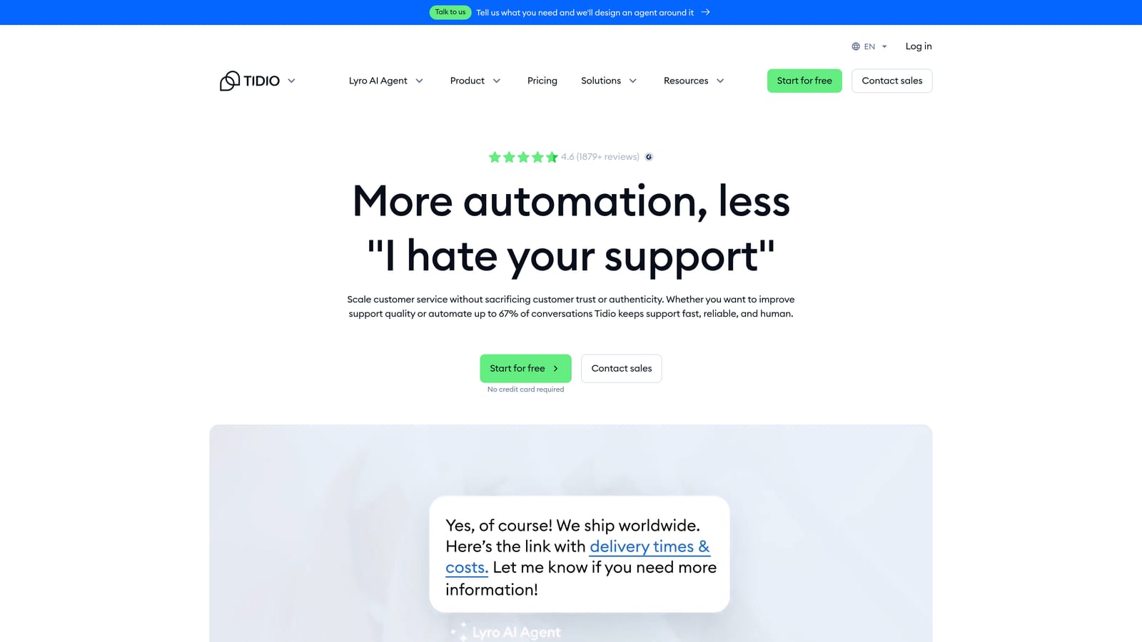 Screenshot of Tidio website