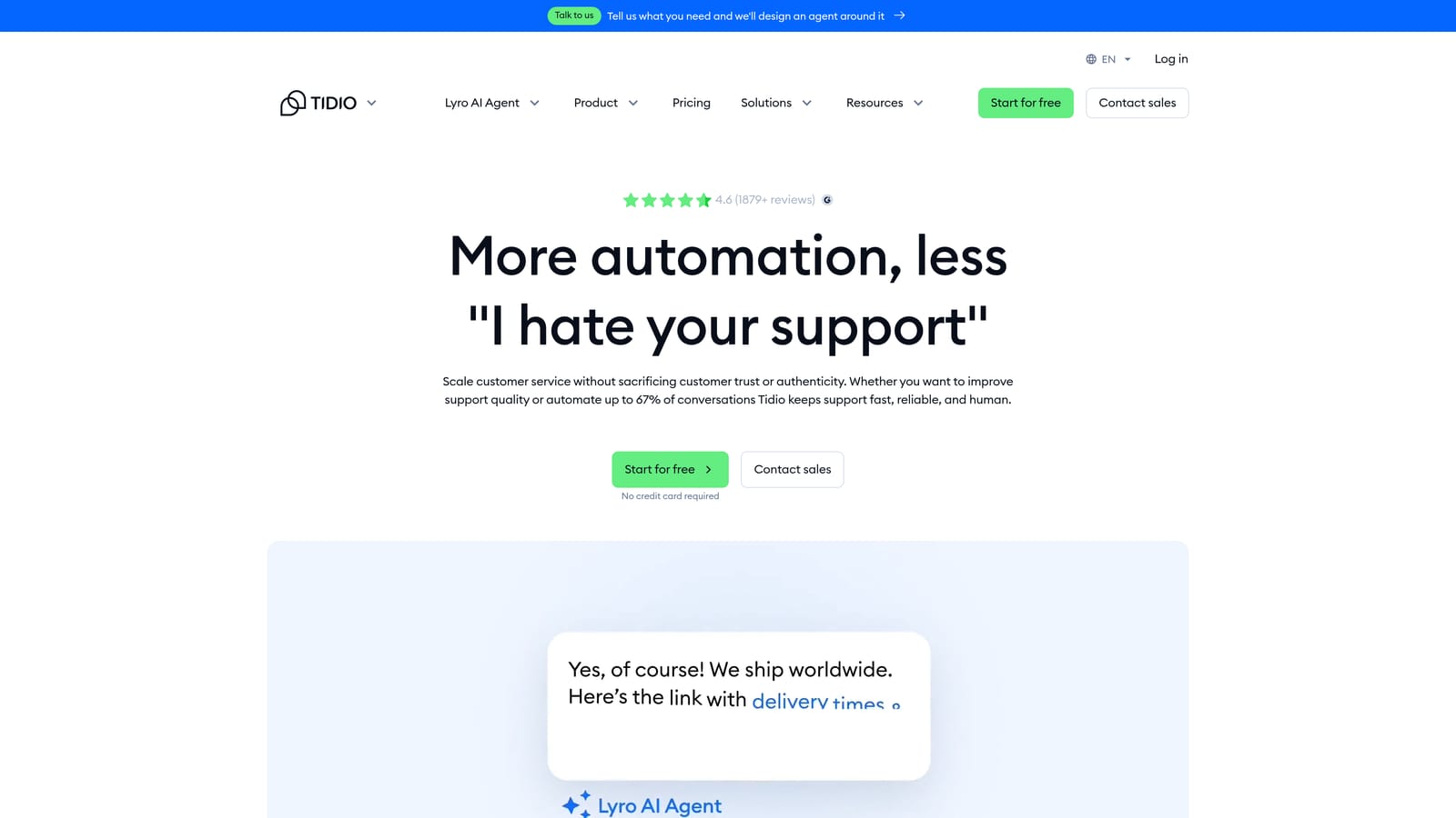 Screenshot of Tidio website