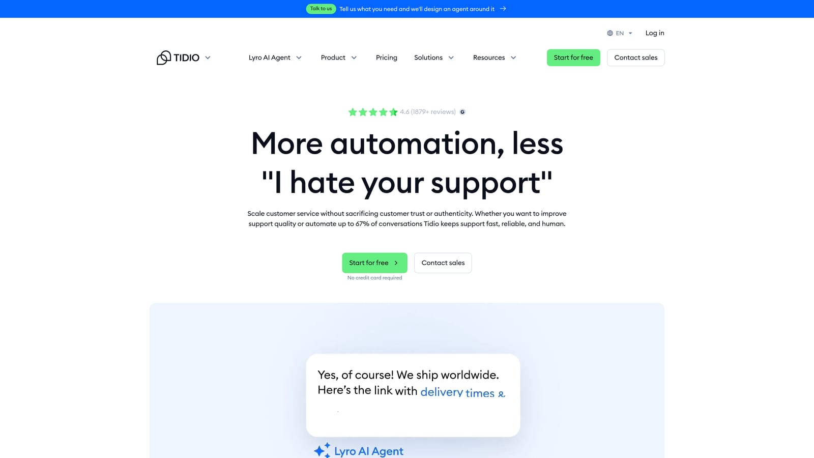 Screenshot of Tidio website
