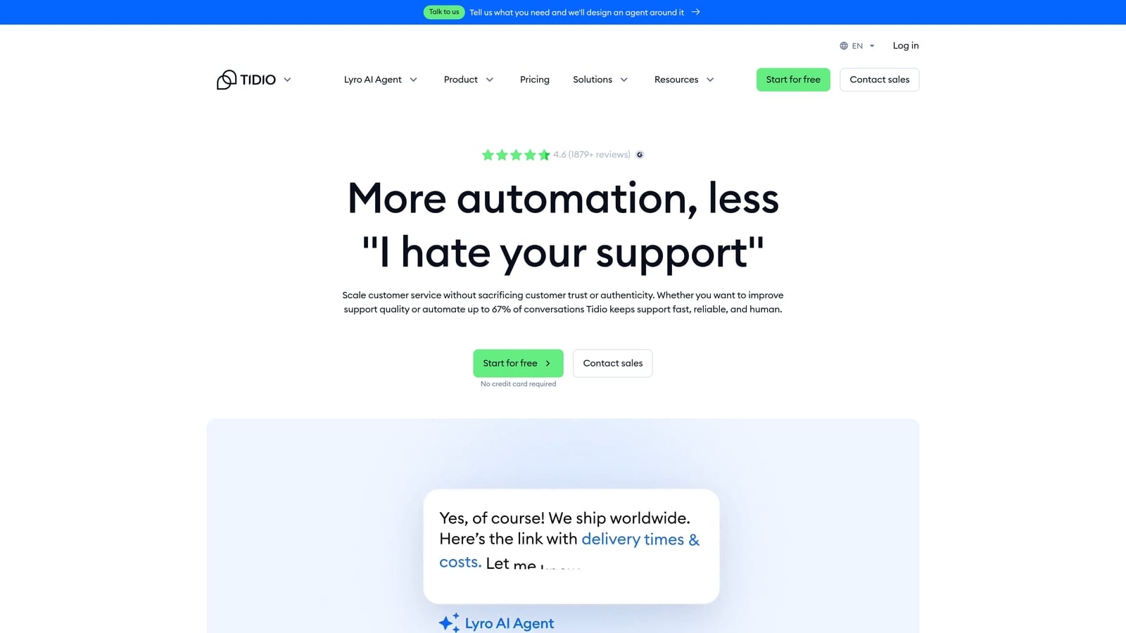 Screenshot of Tidio website