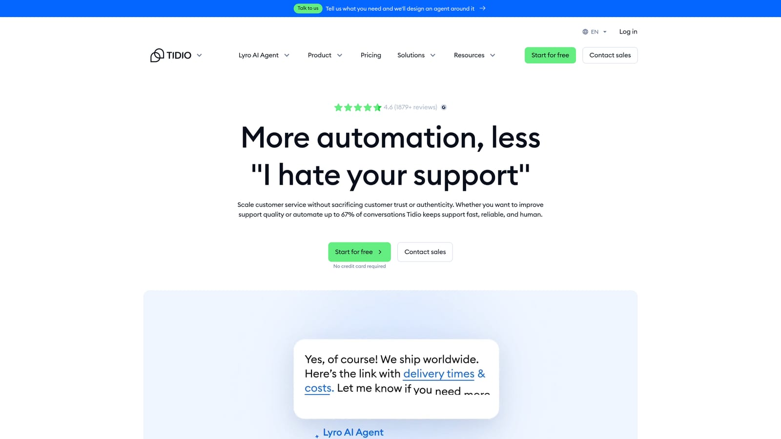 Screenshot of Tidio website