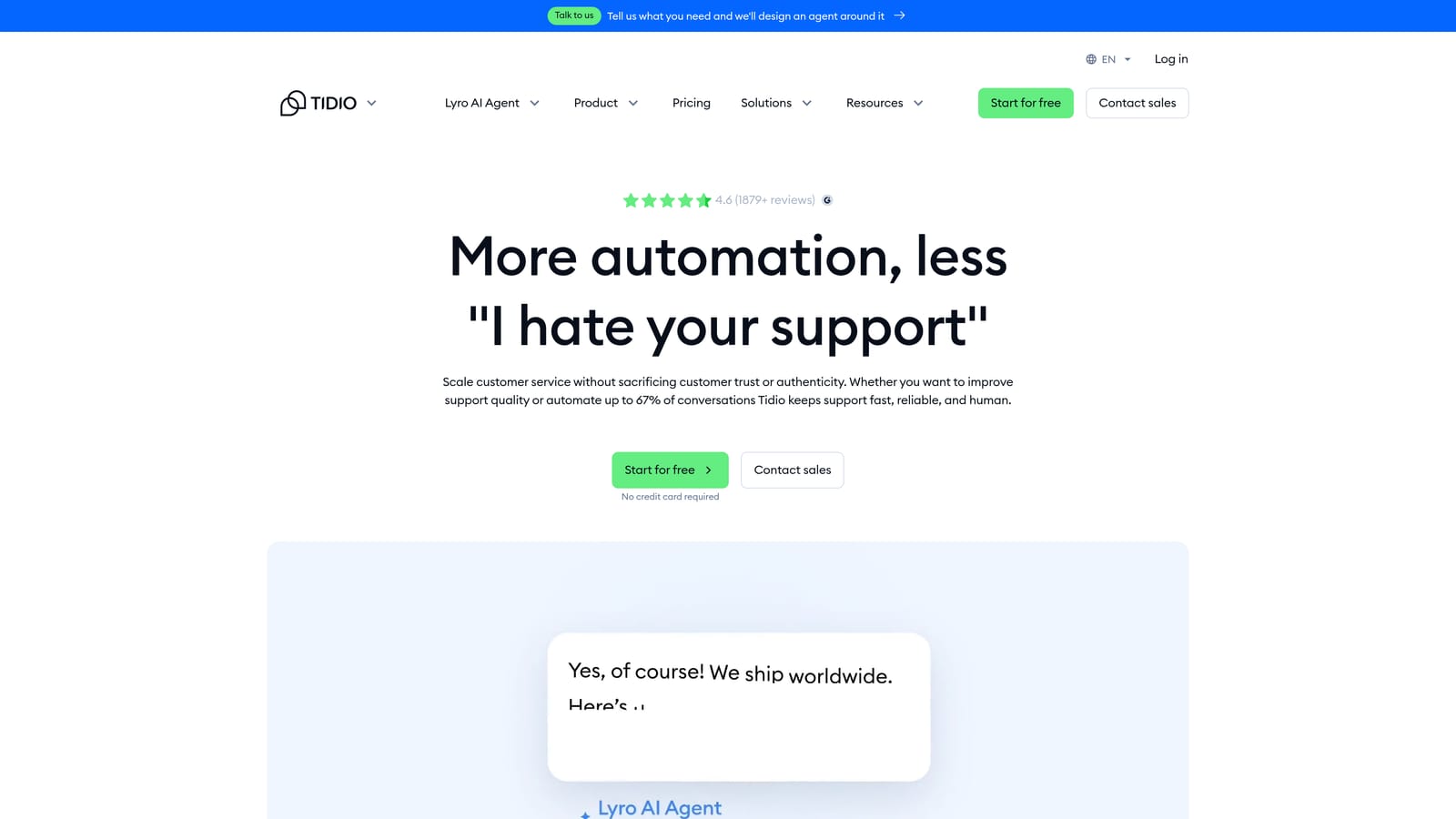 Screenshot of Tidio website