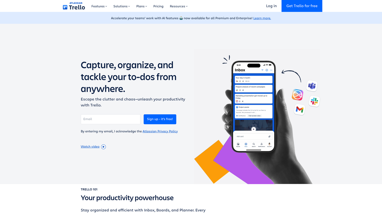 Screenshot of Trello website homepage