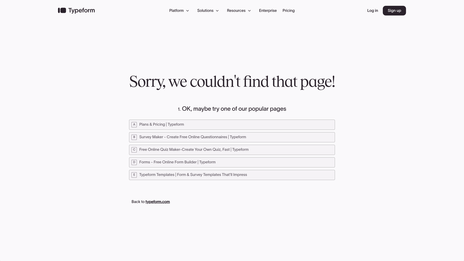 Screenshot of Typeform Enterprise website