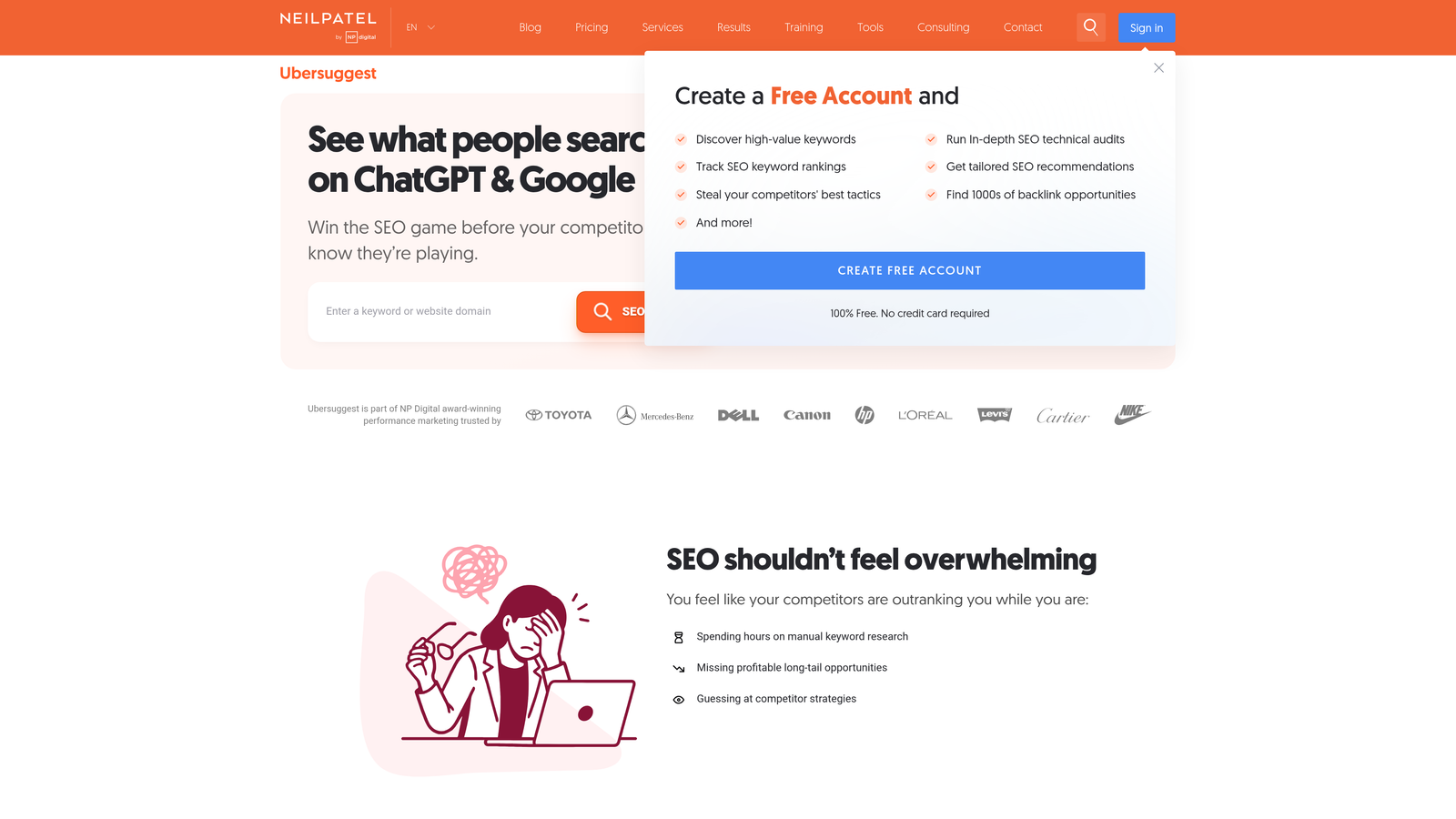 Screenshot of Ubersuggest website