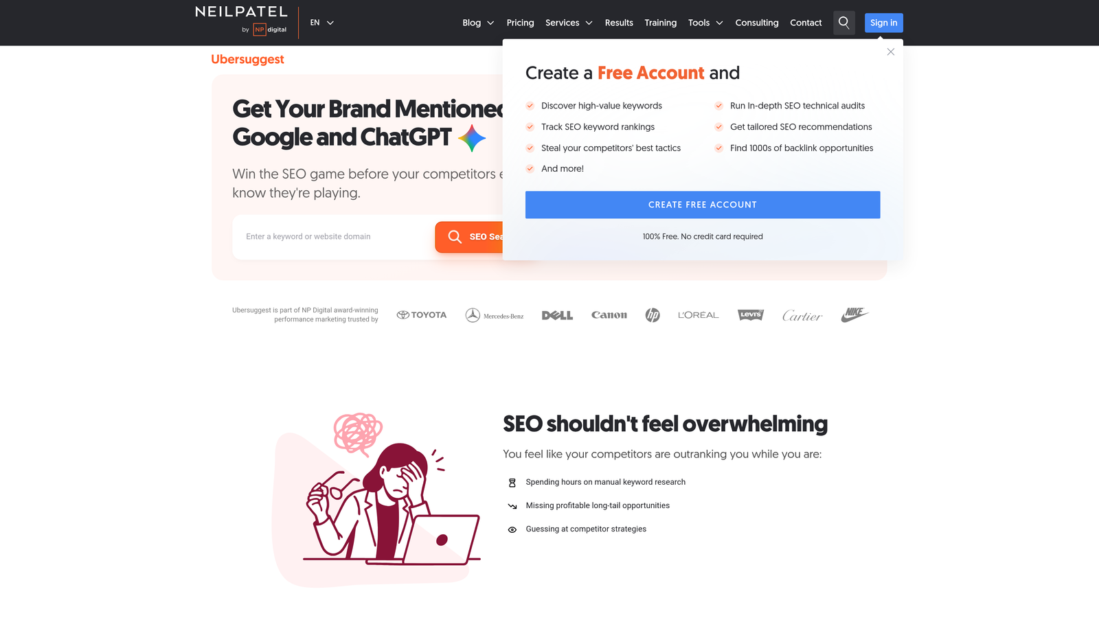 Screenshot of Ubersuggest website