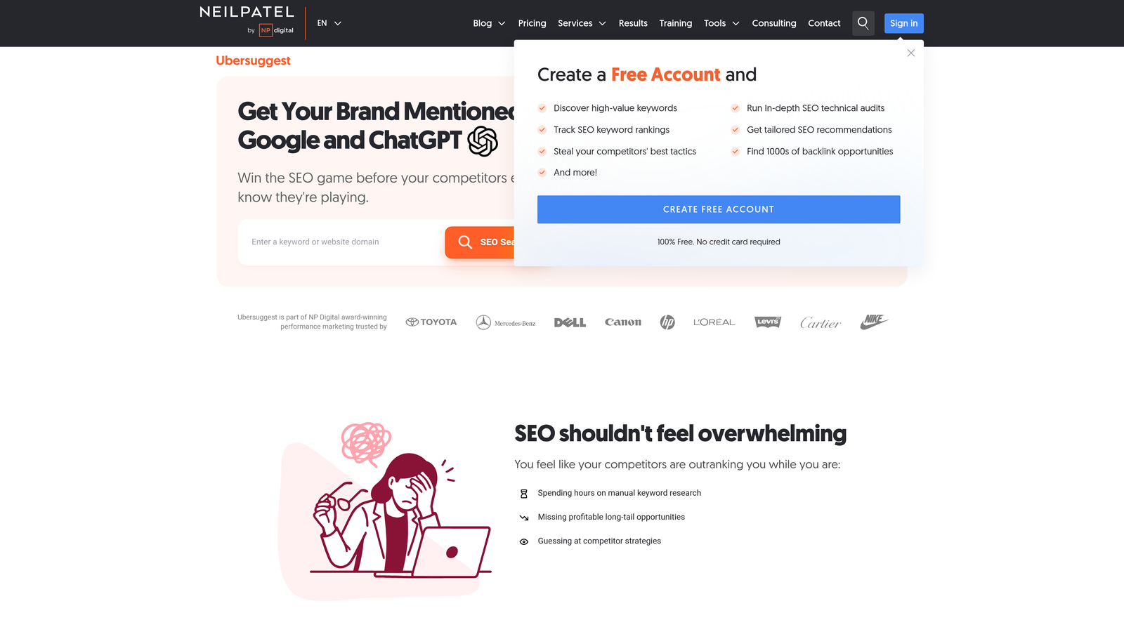 Screenshot of Ubersuggest website