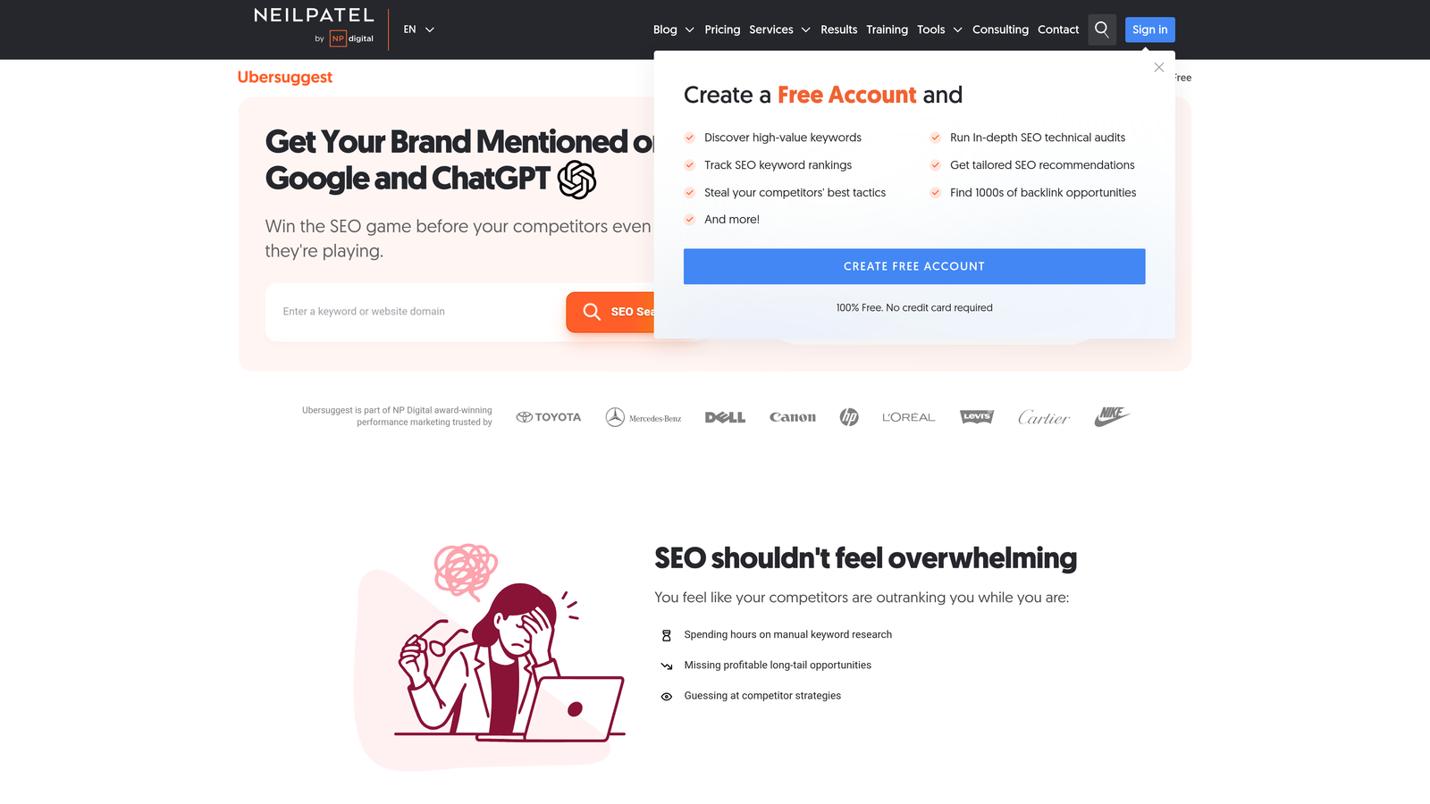 Screenshot of Ubersuggest website