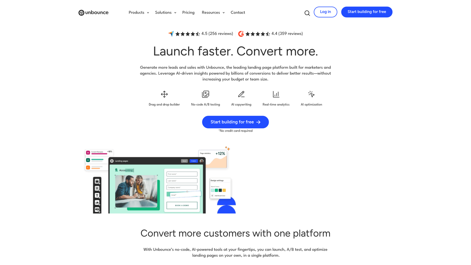 Screenshot of Unbounce website