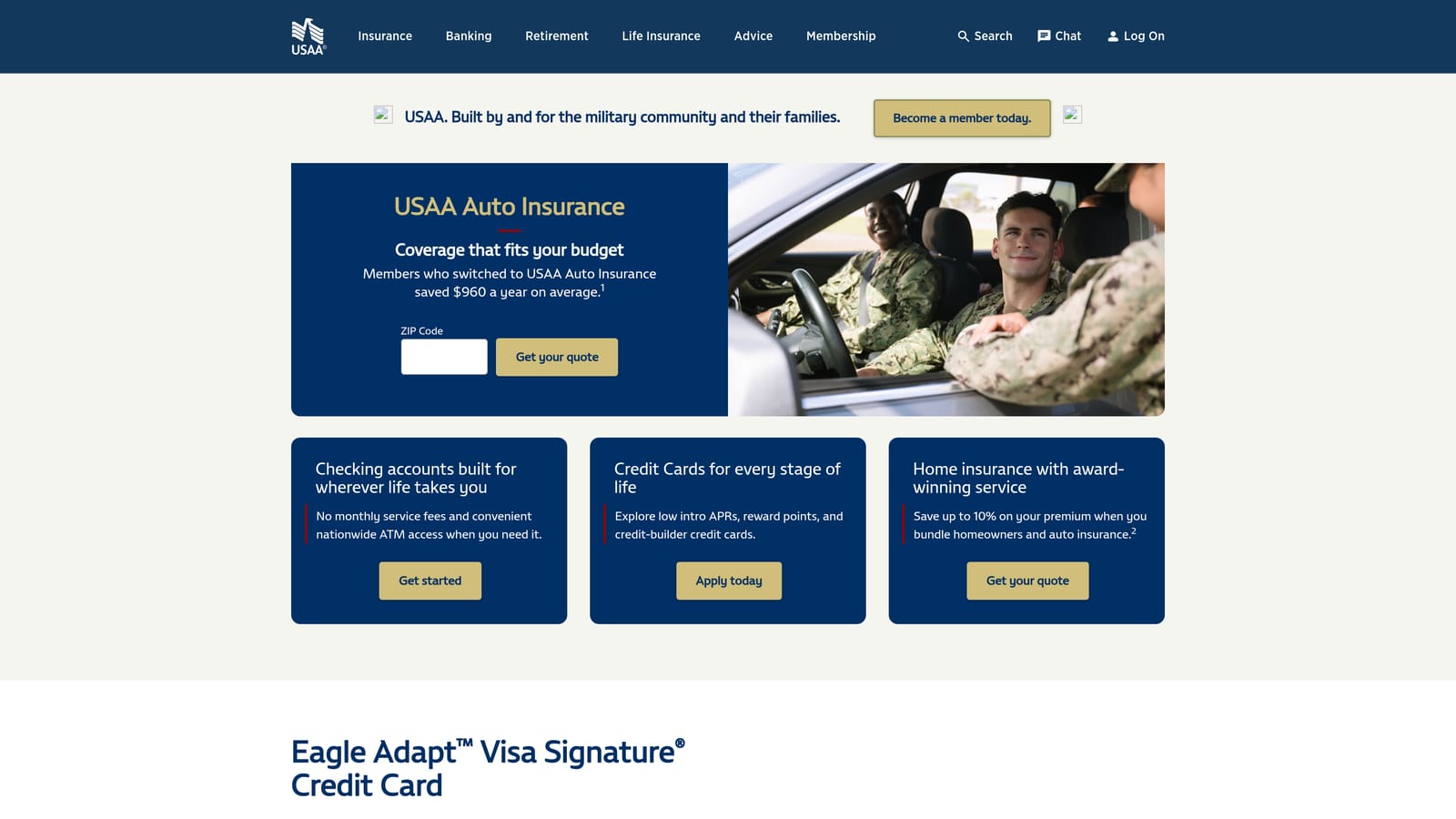 Screenshot of USAA website