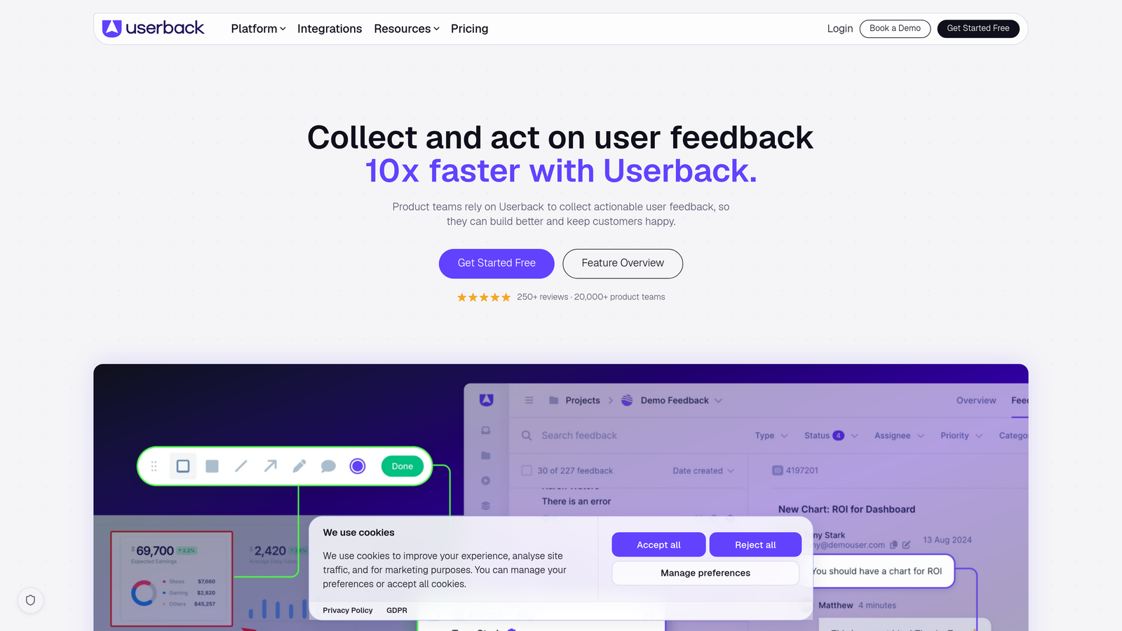 Screenshot of Userback website