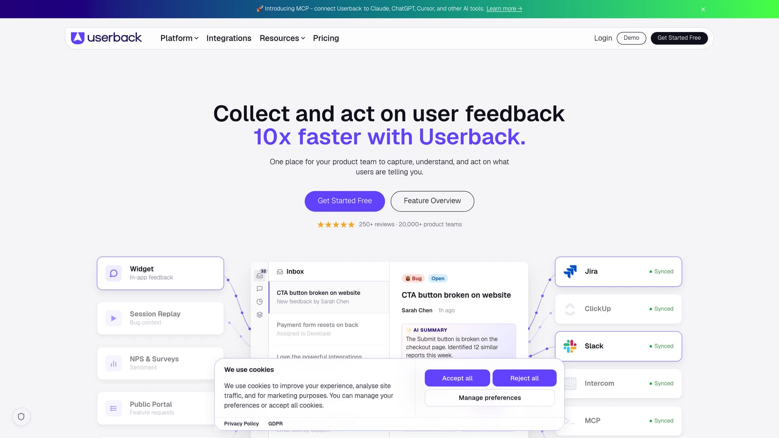 Screenshot of Userback website