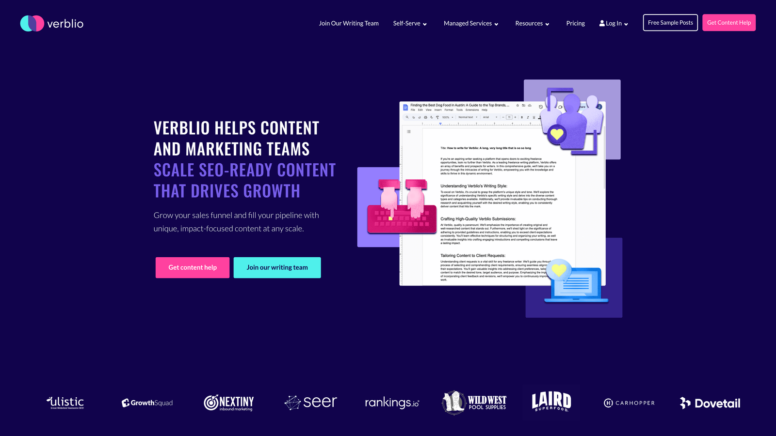 Screenshot of Verblio website