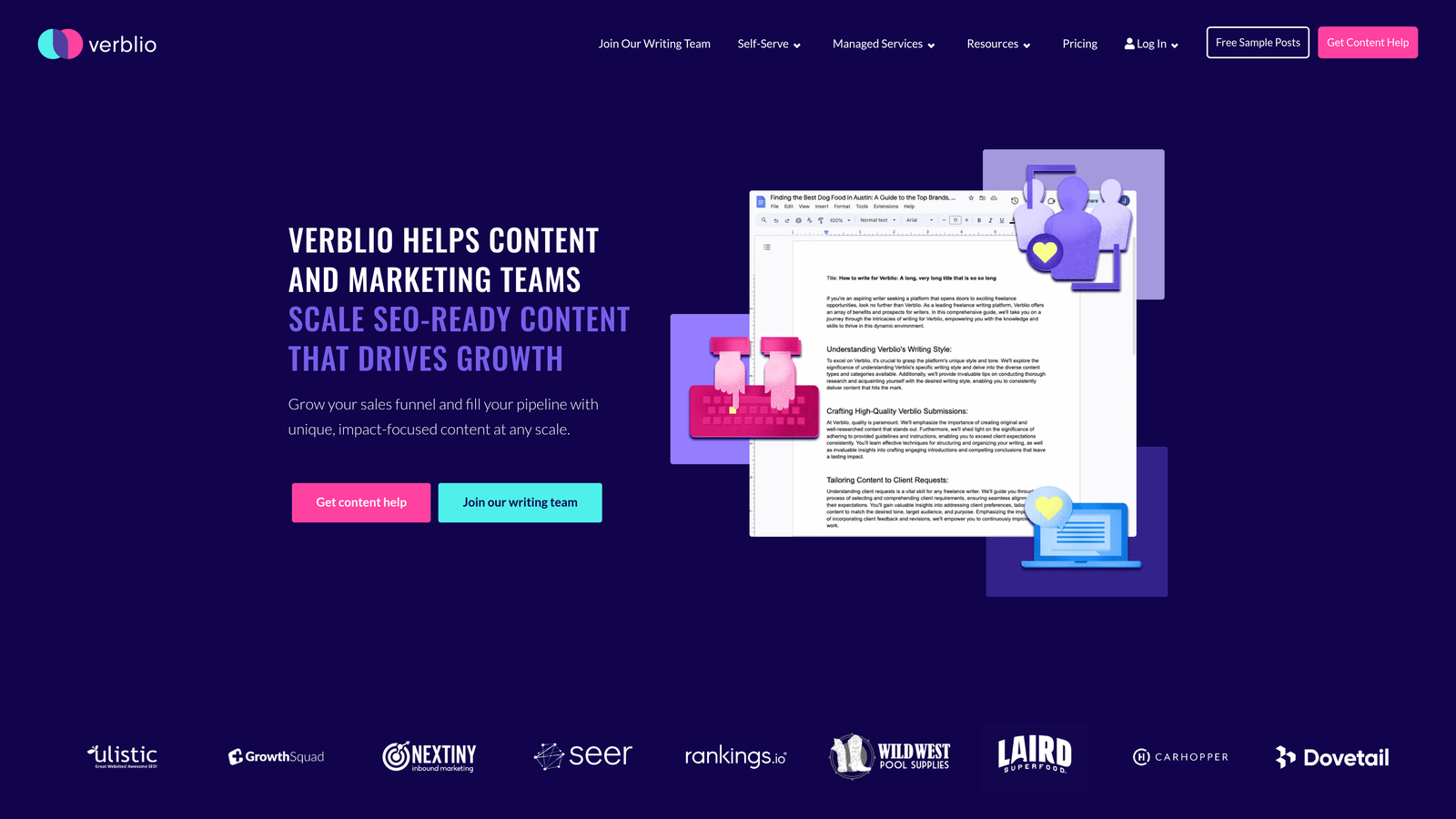 Screenshot of Verblio website