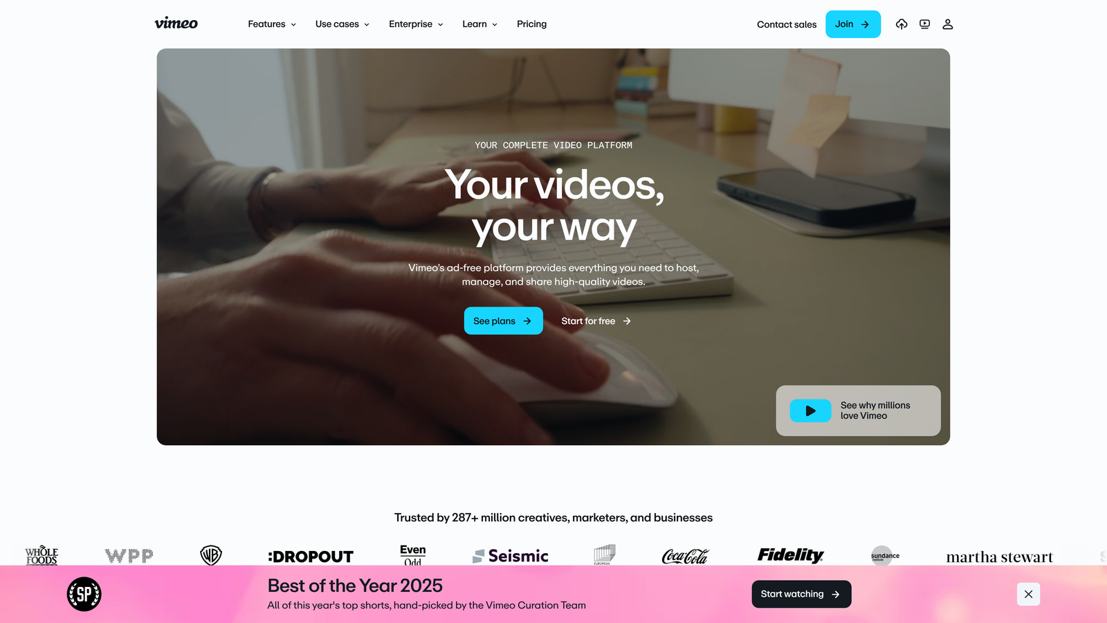 Screenshot of Vimeo Enterprise website homepage