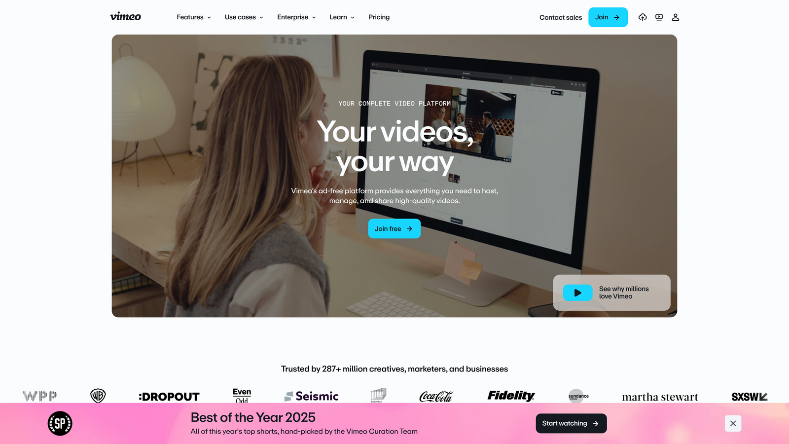Screenshot of Vimeo Enterprise website homepage