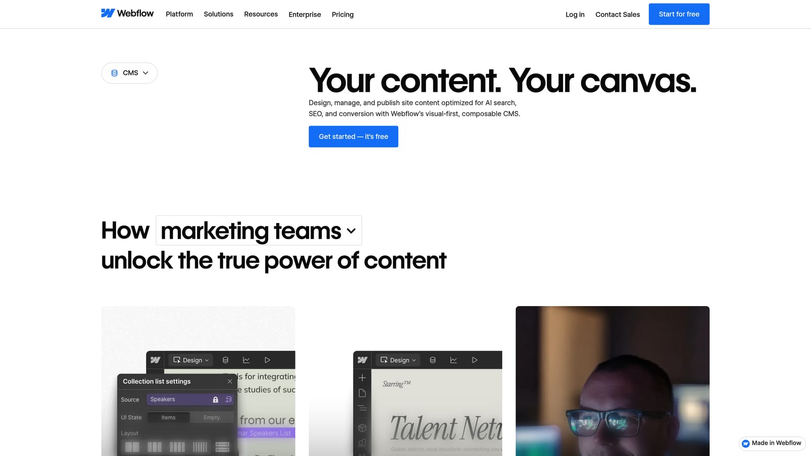 Screenshot of Webflow CMS website