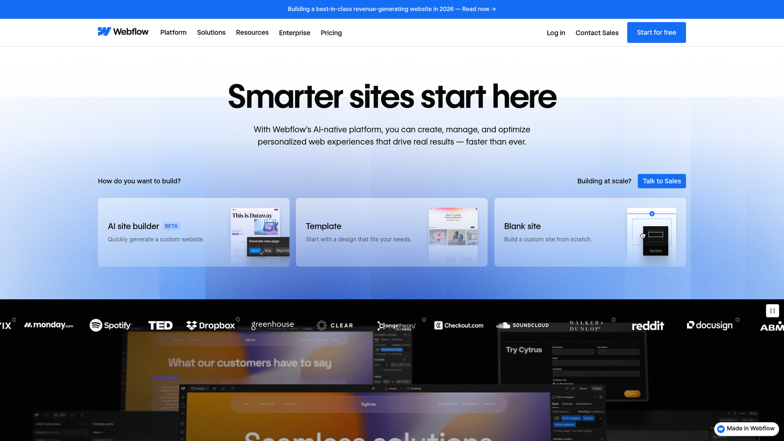 Screenshot of Webflow website homepage
